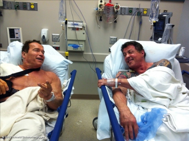 Arnold Schwarzenegger and Sylvester Stallone in the hospital